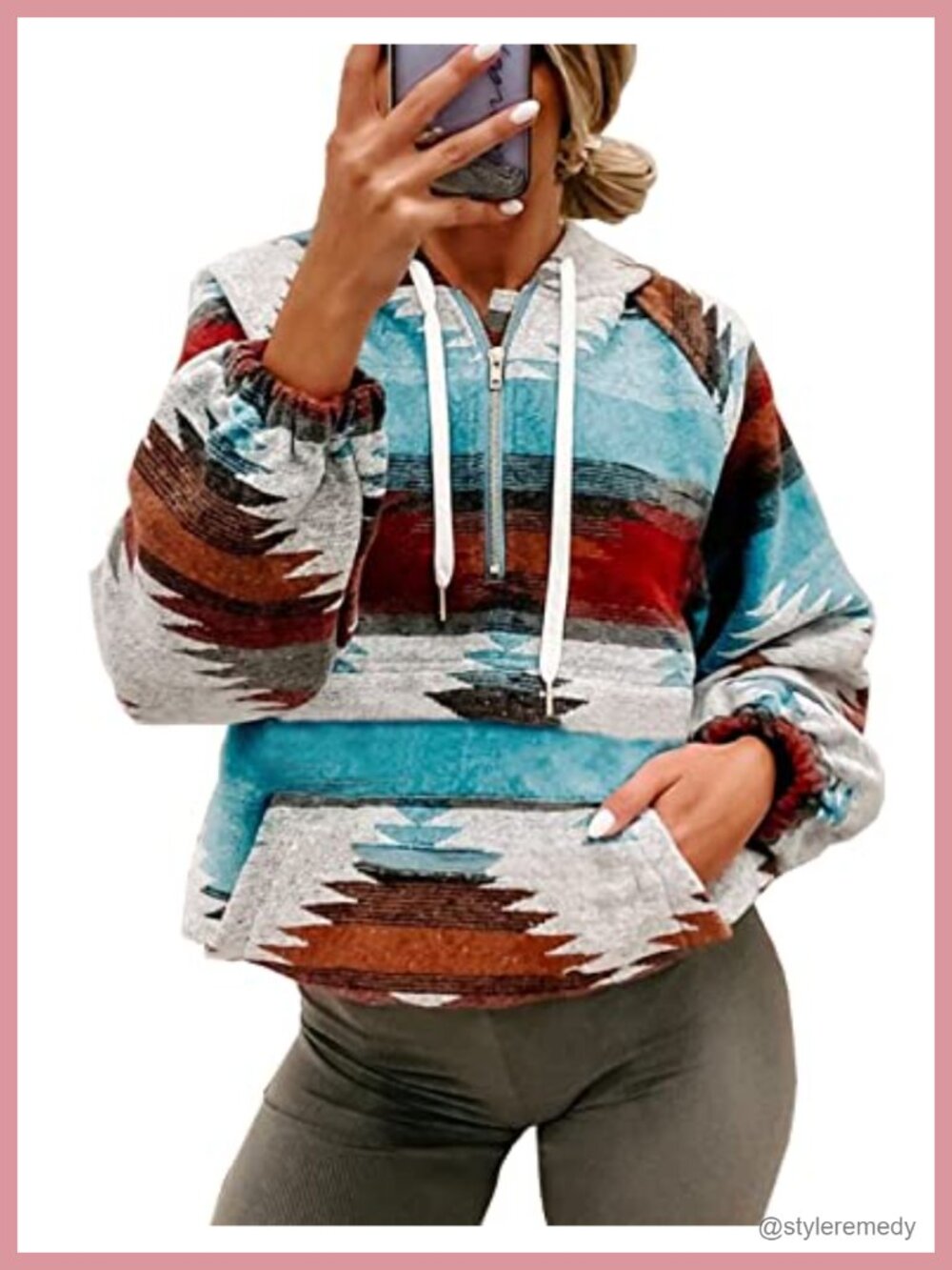 Women's Half Zip Aztec Print Hoodie Loose Pullover Sweatshirt